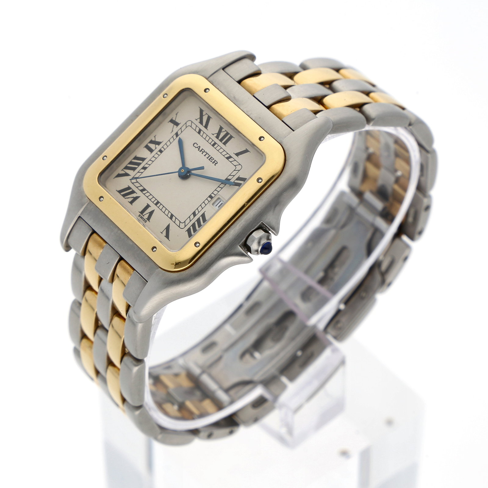 Cartier: CARTIER PANTHÈRE GRAND MODÈLE, Edelstahl/18K Gelbgold, Herstellungsjahr 1988, Durchmesser 29 mm × 37 mm, Gehäuse Konisches Panthère-Gehäuse mit weich fliessenden