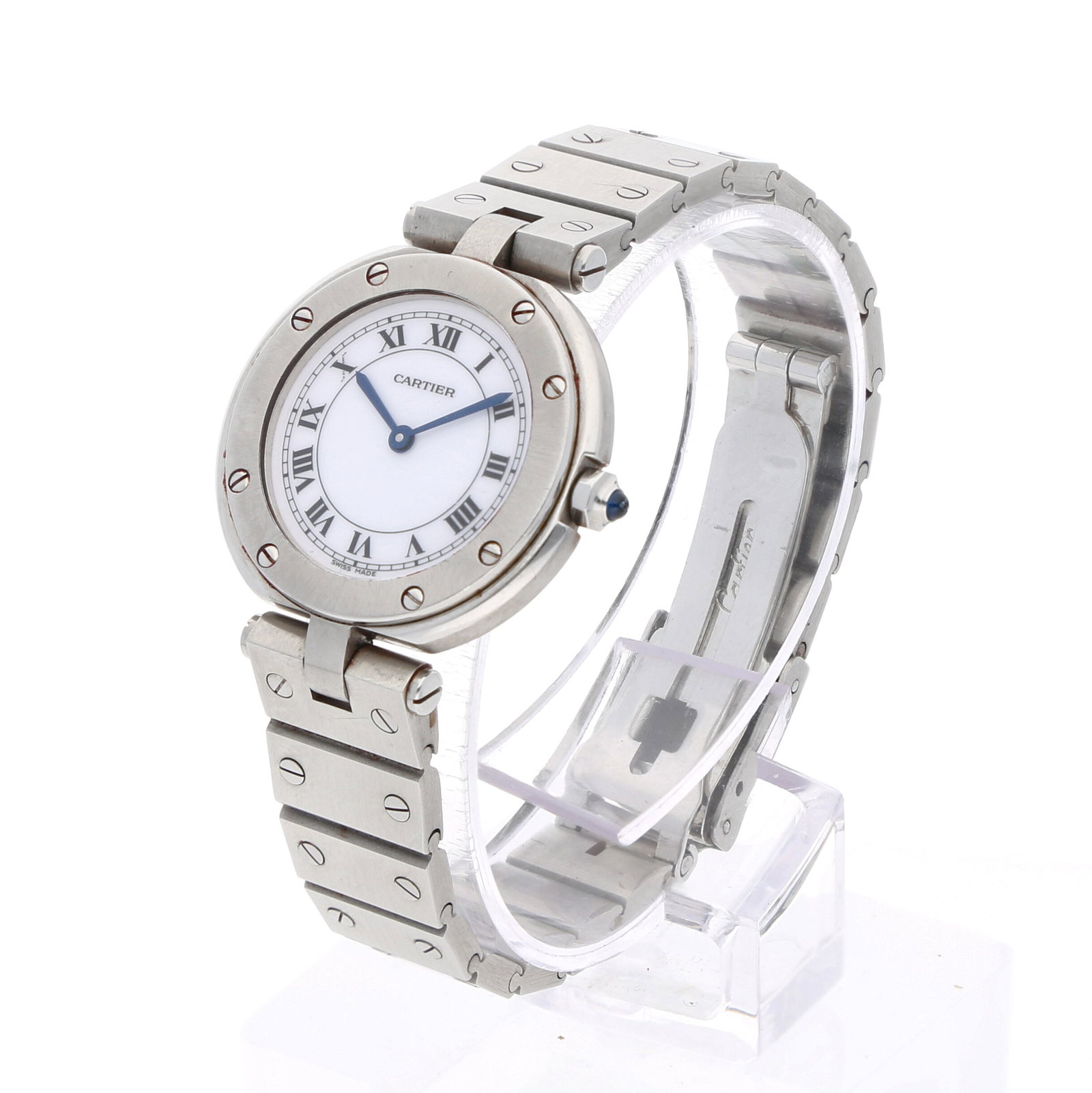 Cartier: CARTIER SANTOS VENDOME, Edelstahl, Referenz 8192, Herstellungsjahr ca. 1990, Durchmesser 27 mm, Gehäuse Rundes Edelstahlgehäuse mit Cartier-Schraubenlünette und integriertem