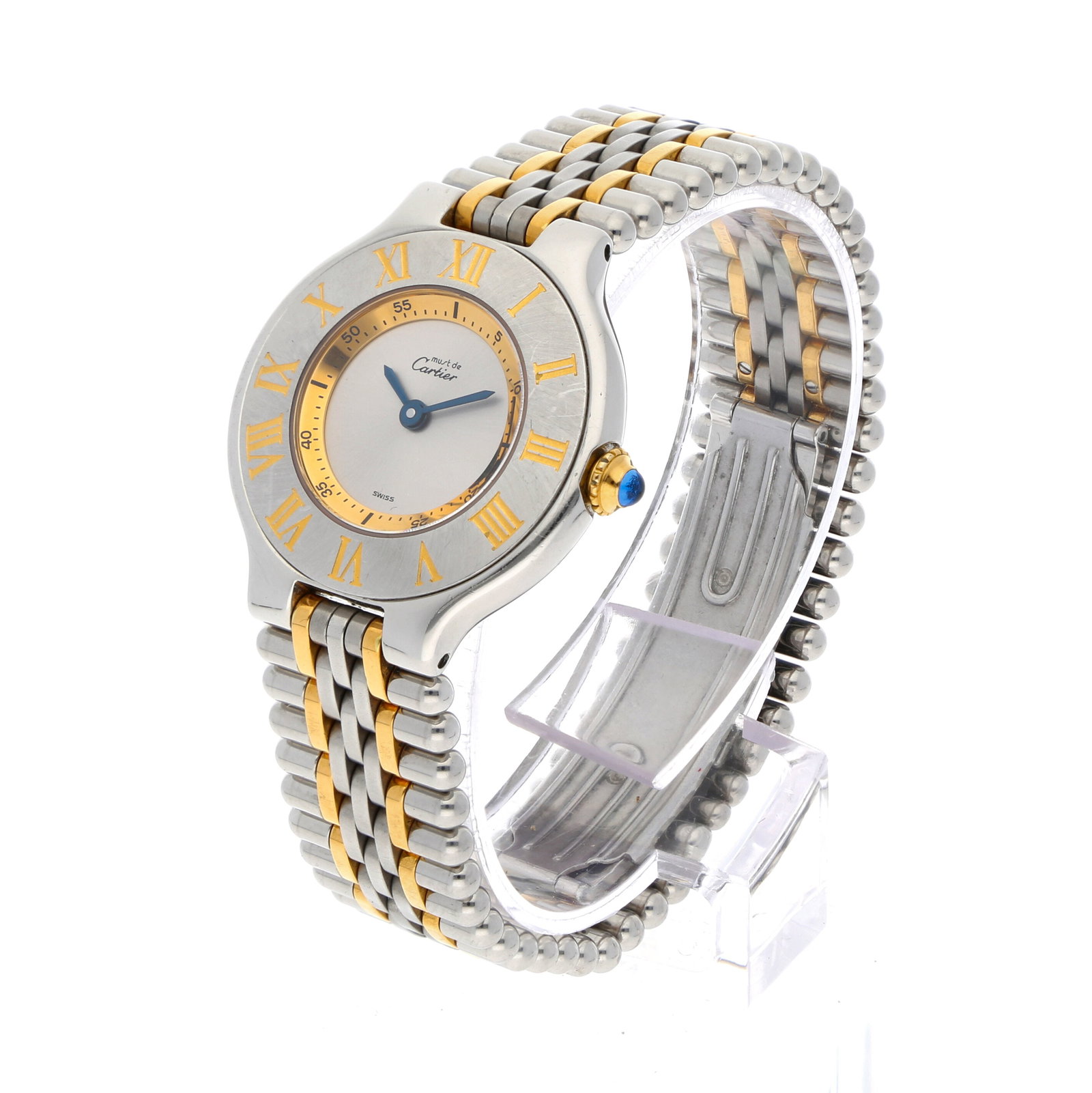 Cartier: CARTIER 21 MUST DE CARTIER, Edelstahl, Referenz 1340, Herstellungsjahr ca. 1990er Jahre, Durchmesser 28 mm, Gehäuse Rundes Edelstahlgehäuse mit flacher, gravierter Lünette mit