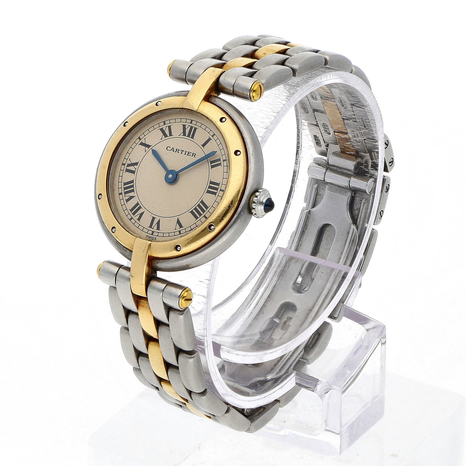Cartier: CARTIER PANTHÈRE VENDOME, Edelstahl/18K Gelbgold, Herstellungsjahr ca. 1990er Jahre, Durchmesser 24 mm, Gehäuse Bicolor-Gehäuse im Santos-Stil mit verschraubter Goldlünette.