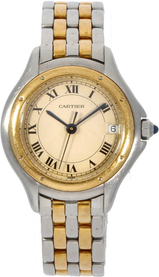 Cartier: CARTIER COUGAR, Edelstahl/18K Gelbgold, Herstellungsjahr ca. 1990er Jahre, Durchmesser 27 mm, Gehäuse Bicolor-Cougar-Gehäuse mit verschraubter Gelbgoldlünette und weichen Konturen.