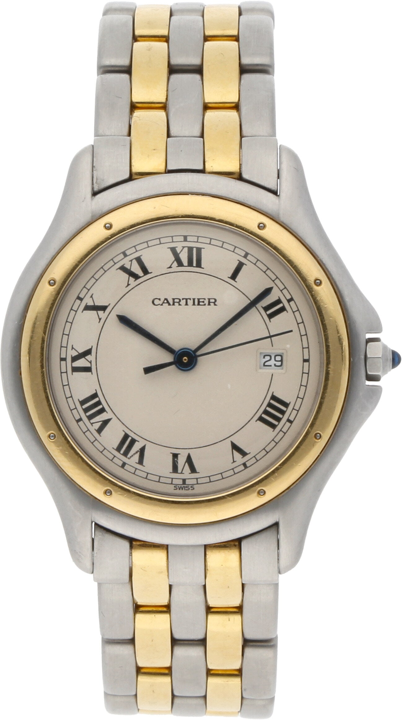 Cartier: CARTIER COUGAR, Edelstahl/18K Gelbgold, Referenz 187904, Herstellungsjahr ca. 1990er Jahre, Durchmesser 33 mm, Gehäuse Rundes Bicolor-Gehäuse mit weich auslaufenden Bandanstössen und