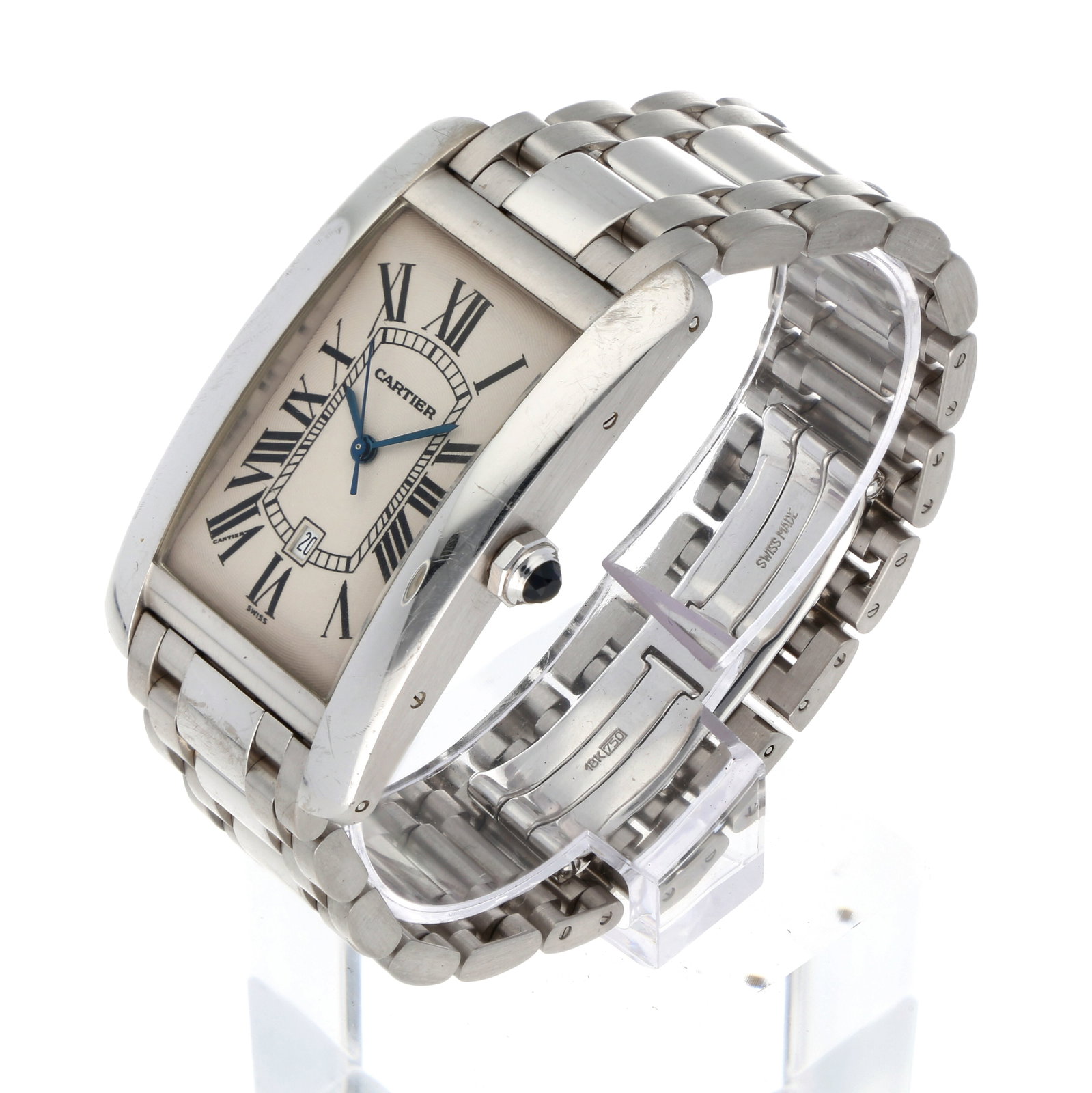 Cartier: CARTIER TANK AMÉRICAINE GRAND MODÈLE, 18K Weissgold, Referenz 1741, Herstellungsjahr 1998, Durchmesser 45 mm x 27 mm, Gehäuse Längliches, sanft gewölbtes Tonneau-Gehäuse 