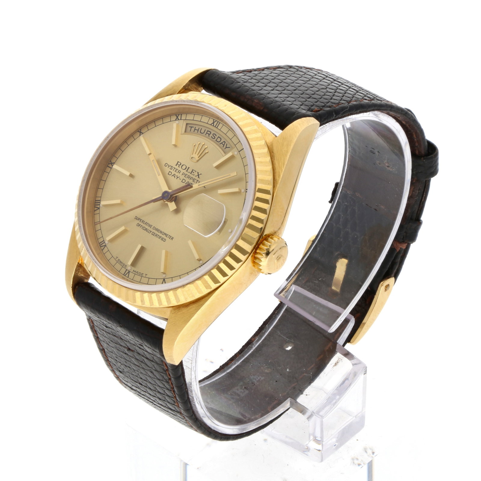 Rolex: ROLEX OYSTER PERPETUAL DAY-DATE, 18K Gelbgold, Referenz 18238, Herstellungsjahr ca. 1996, Durchmesser 36 mm, Gehäuse Klassisches Oyster-Gehäuse aus 18K Gelbgold mit kannelierter Lünette