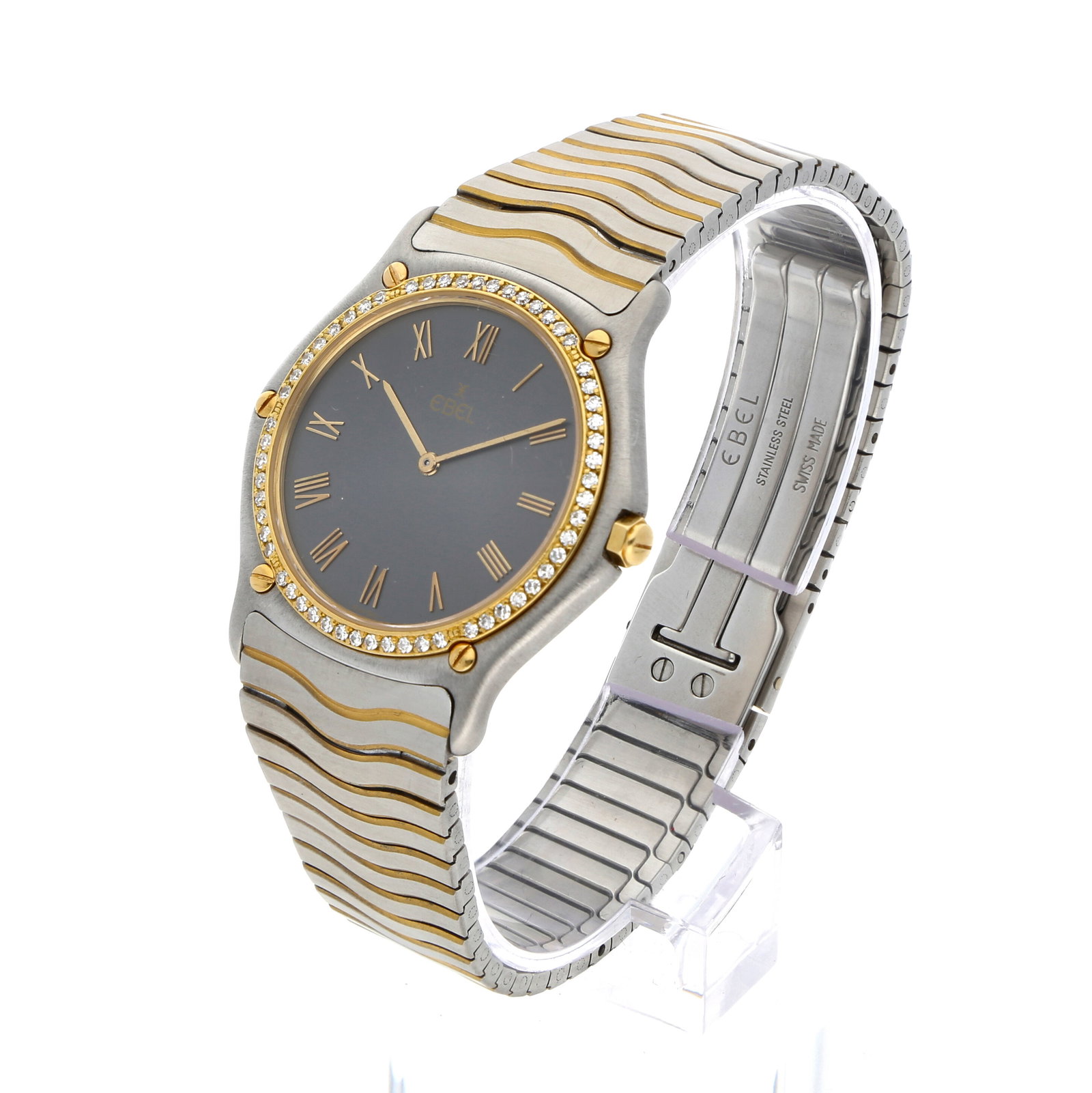 Ebel: EBEL CLASSIC WAVE, Edelstahl/18K Gelbgold, Herstellungsjahr ca. 1990er Jahre, Durchmesser 36 mm, Gehäuse Rundes Bicolor-Gehäuse aus gebürstetem Stahl mit kontrastierender Gelbgold-L