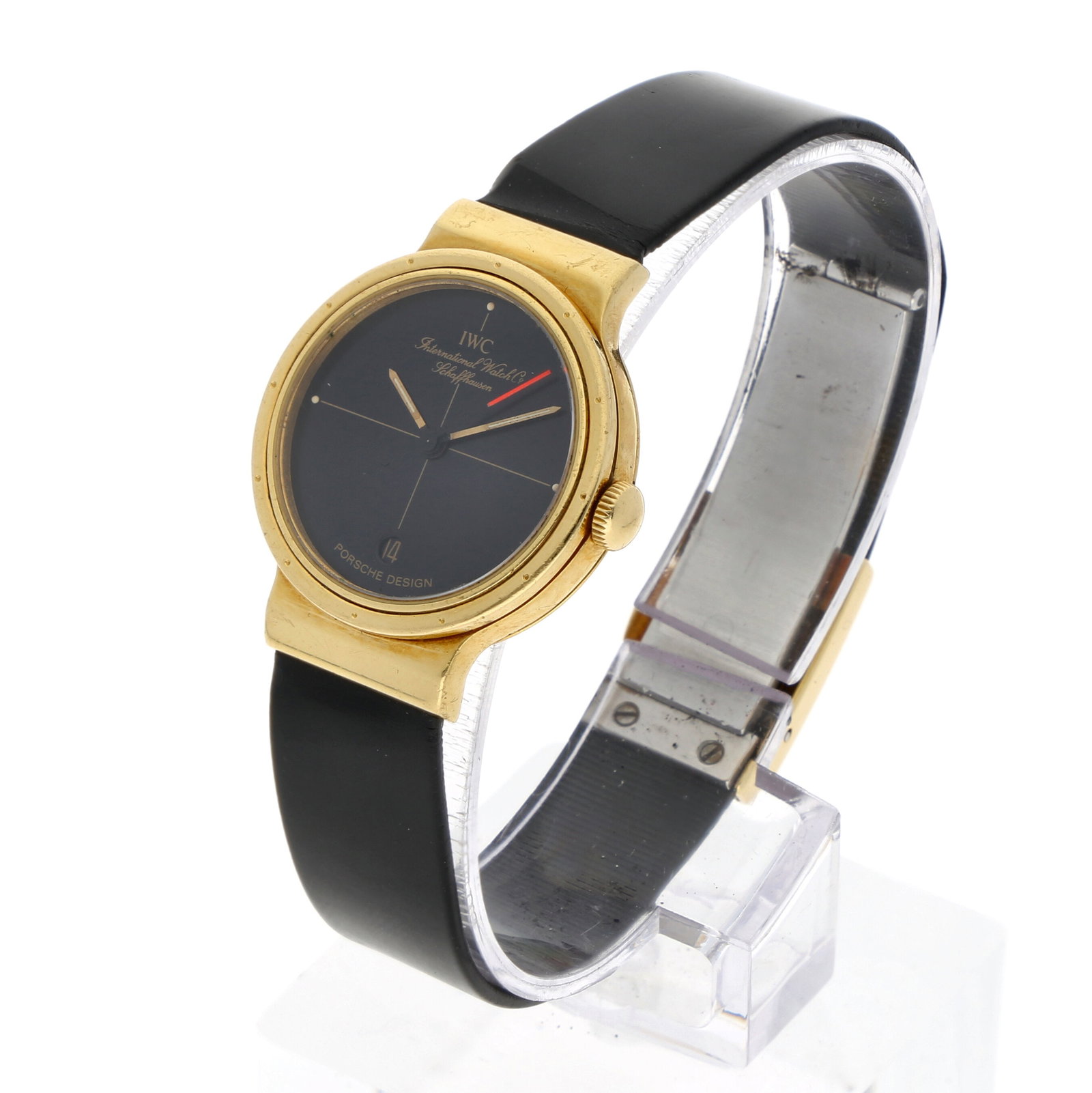 IWC: IWC PORSCHE DESIGN, 18K Gelbgold, Herstellungsjahr ca. 1990, Durchmesser 25 mm, Gehäuse Kompaktes Gelbgoldgehäuse mit architektonischer Porsche-Design-Linienführung und integrierten