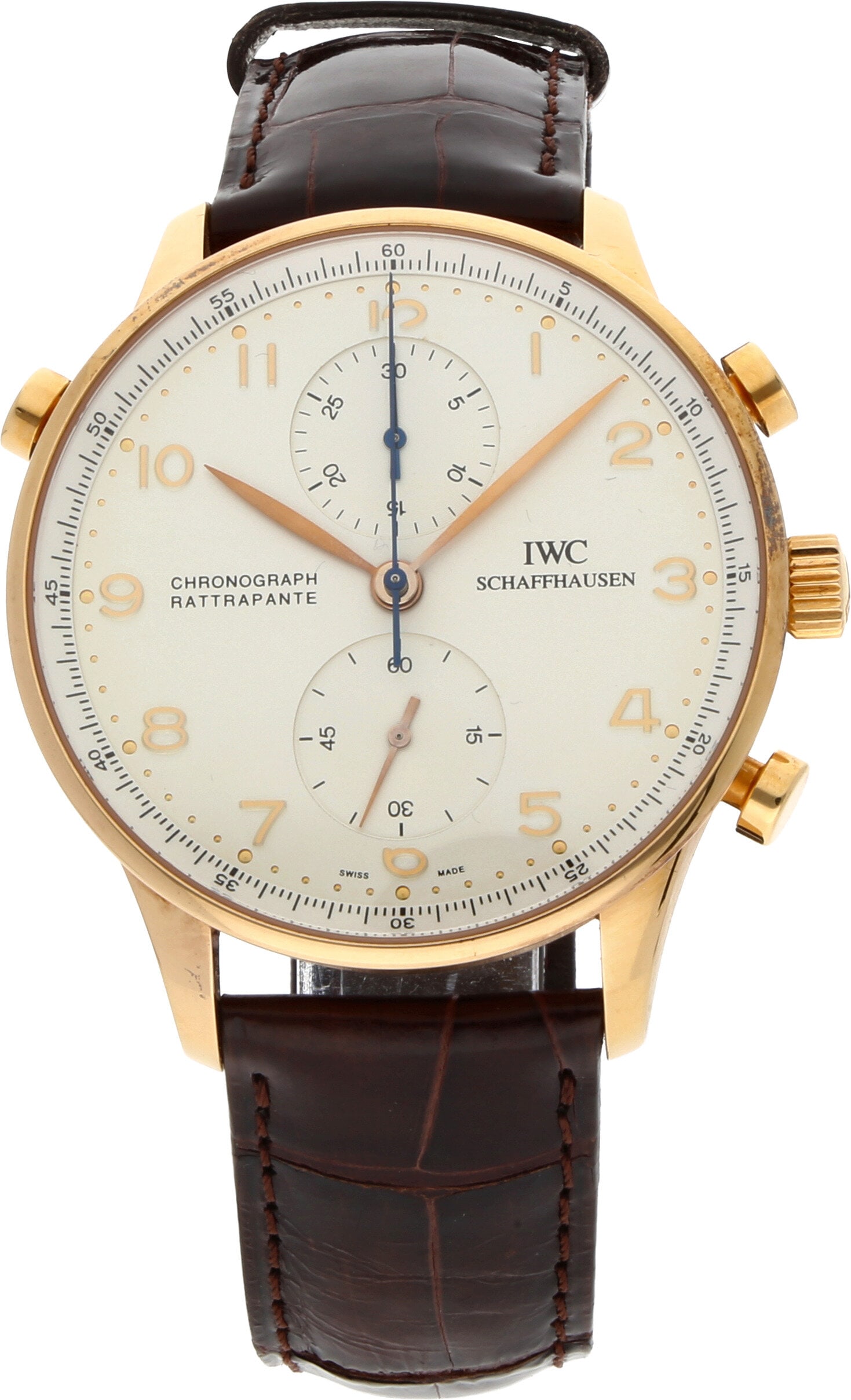 IWC: IWC PORTUGIESER CHRONOGRAPH RATTRAPANTE, 18K Roségold, Referenz 3712, Herstellungsjahr ca. 1996–1999, Durchmesser 41 mm, Gehäuse Rundes Gehäuse mit polierten Flanken und