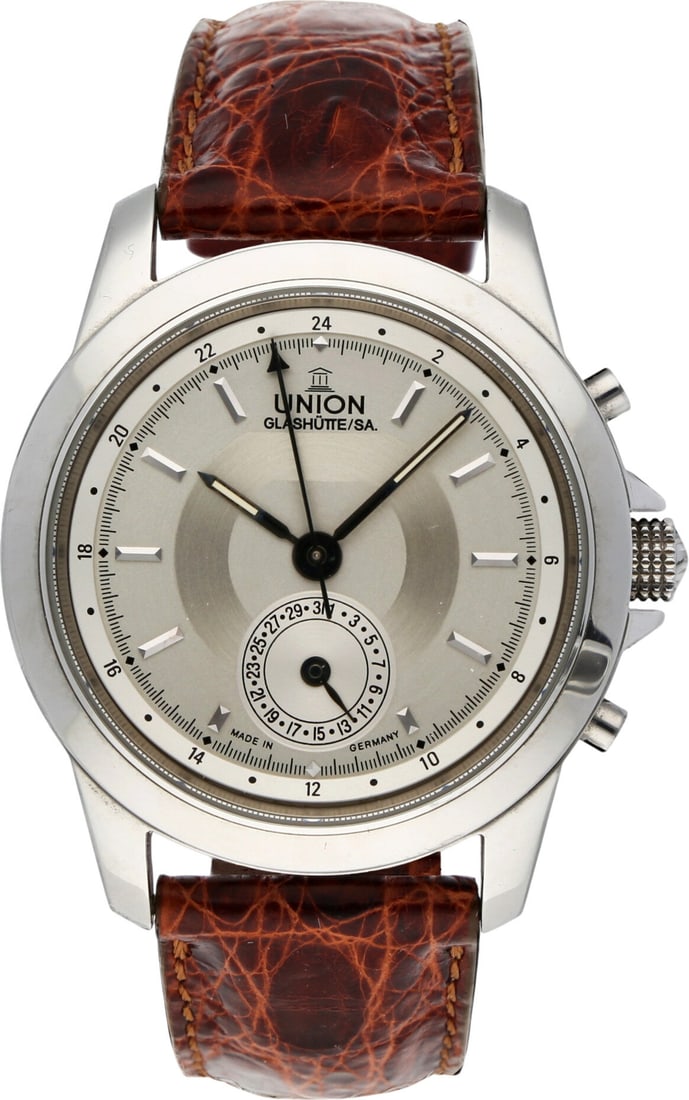 Glashütte: UNION GLASHÜTTE 2. ZEITZONE AUTOMATIK, Edelstahl, Referenz 26.430.10.110, Herstellungsjahr 1999, Durchmesser ca. 39 mm, Gehäuse Stufiges Edelstahlgehäuse mit kantig facettierten