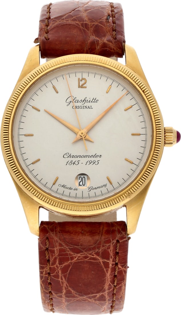 Glashütte: GLASHÜTTE ORIGINAL SENATOR CHRONOMETER «1845–1995», 18K Gelbgold, Referenz 1030-01-01-05, Herstellungsjahr 1995, Durchmesser 36 mm, Gehäuse Klassisches Gelbgoldgehäuse