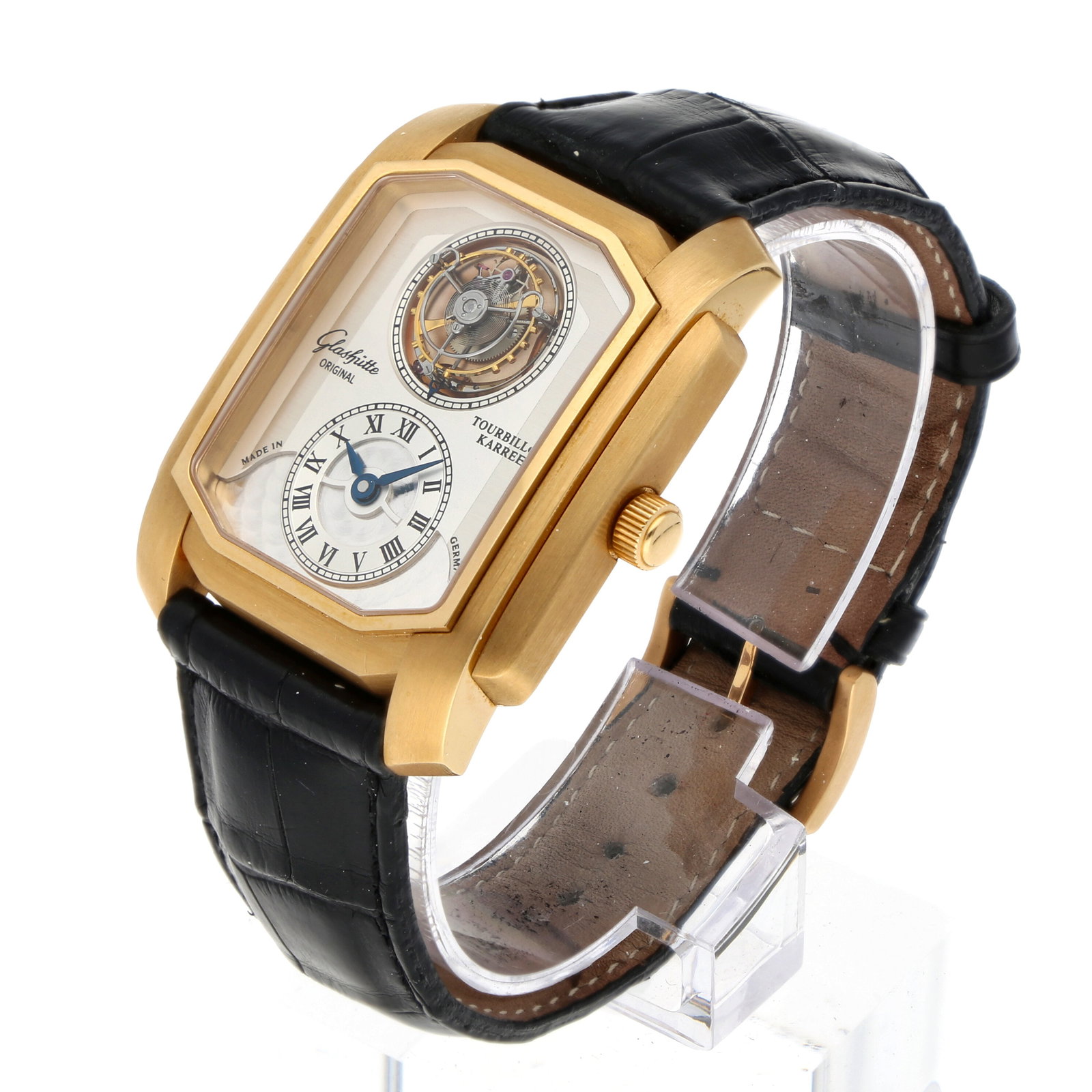 Glashütte: GLASHÜTTE ORIGINAL KARREE-TOURBILLON, 18K Roségold, Referenz 4301010106, Herstellungsjahr 1998, Durchmesser 35 mm × 45 mm, Gehäuse Rechteckiges Karree-Gehäuse aus 18K