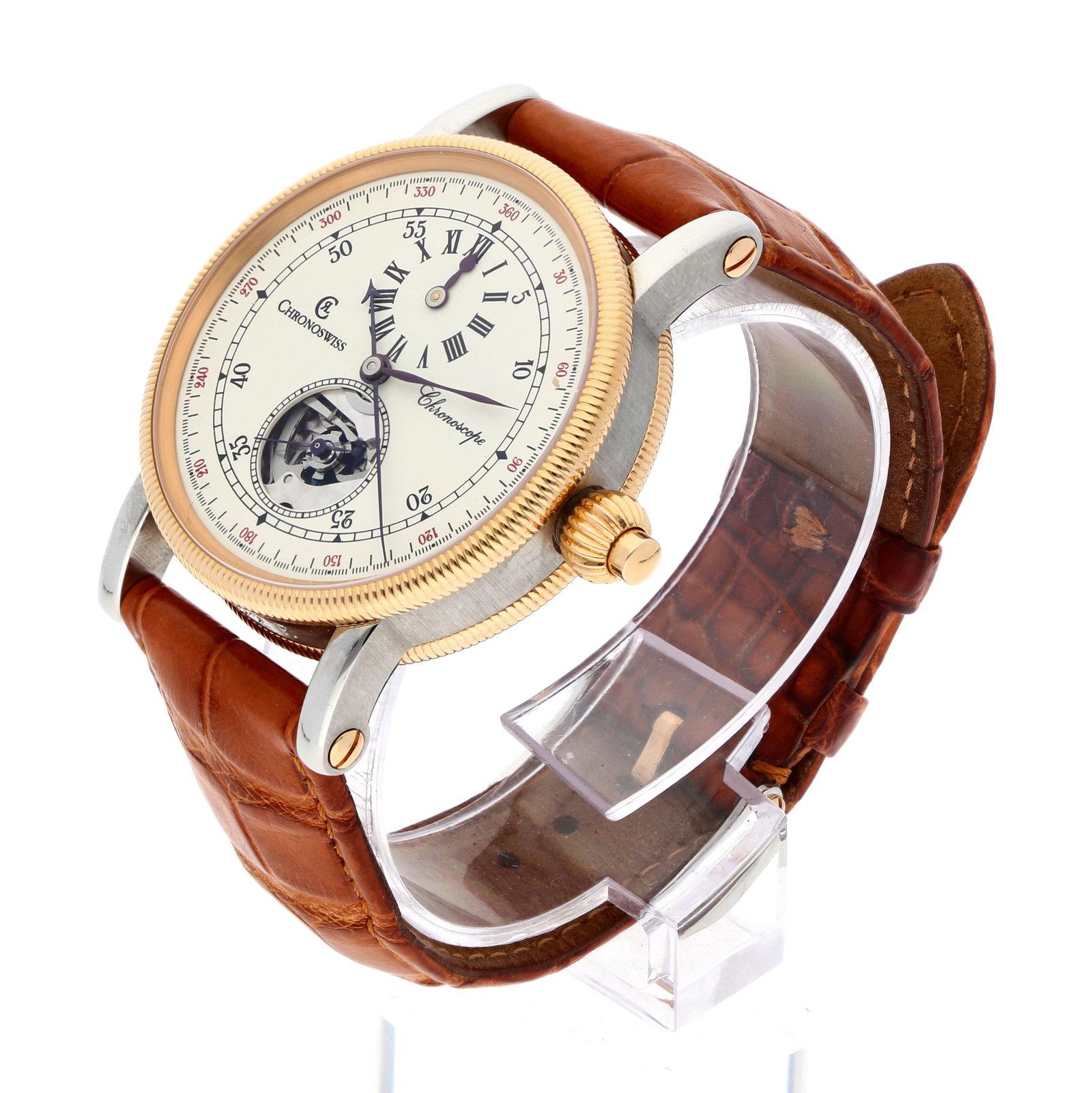 Chronoswiss: CHRONOSWISS CHRONOSCOPE, Edelstahl/18K Roségold, Referenz CH 1522 R rc, Herstellungsjahr ca. 2007, Durchmesser 38 mm, Gehäuse Bicolor-Gehäuse mit fein geriffelter Lünette und Zwiebelkrone in 18K