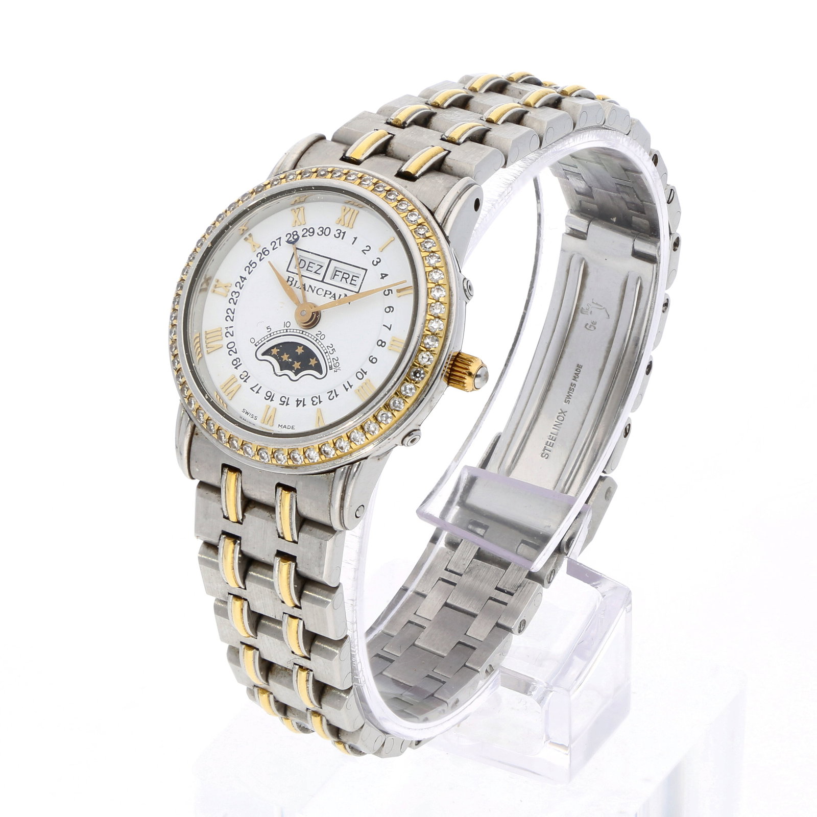 Blancpain: BLANCPAIN VILLERET VOLLKALENDER MONDPHASE, Edelstahl/18K Gelbgold, Referenz 6395-1718D25, Herstellungsjahr ca. 2002, Durchmesser 26 mm, Gehäuse Feines Bicolor-Villeret-Gehäuse mit