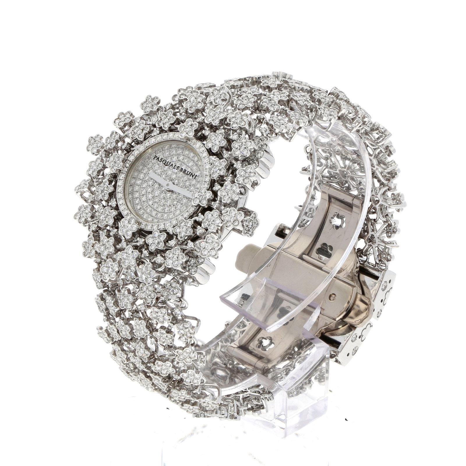 Pasquale: PASQUALE BRUNI TIMELESS, 18K Weissgold, Herstellungsjahr ca. 2005 – 2010, Durchmesser ca. 40 mm, Gehäuse Opulentes Schmuckgehäuse aus 18K Weissgold mit floraler Diamantfassung. Pavé-Zifferblatt