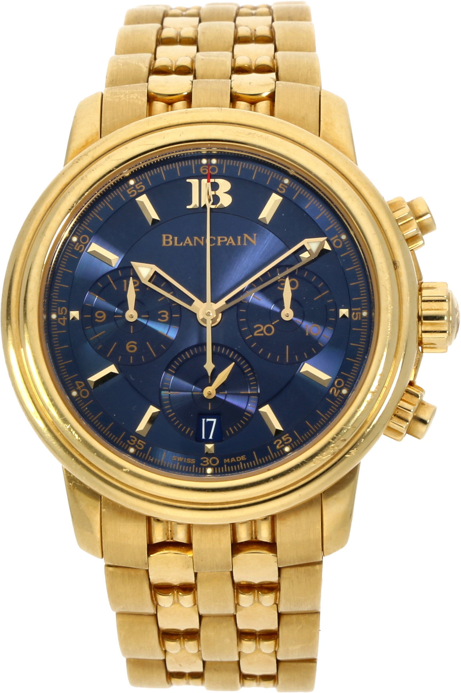 Blancpain: BLANCPAIN LÉMAN CHRONOGRAPH «BLUE DIAL», 18K Gelbgold, Referenz MO.02185.O.0.014.040.A.031.A, Herstellungsjahr ca. 2000 – 2005, Durchmesser ca. 39 mm, Gehäuse Massives Rundgehäuse aus 18K