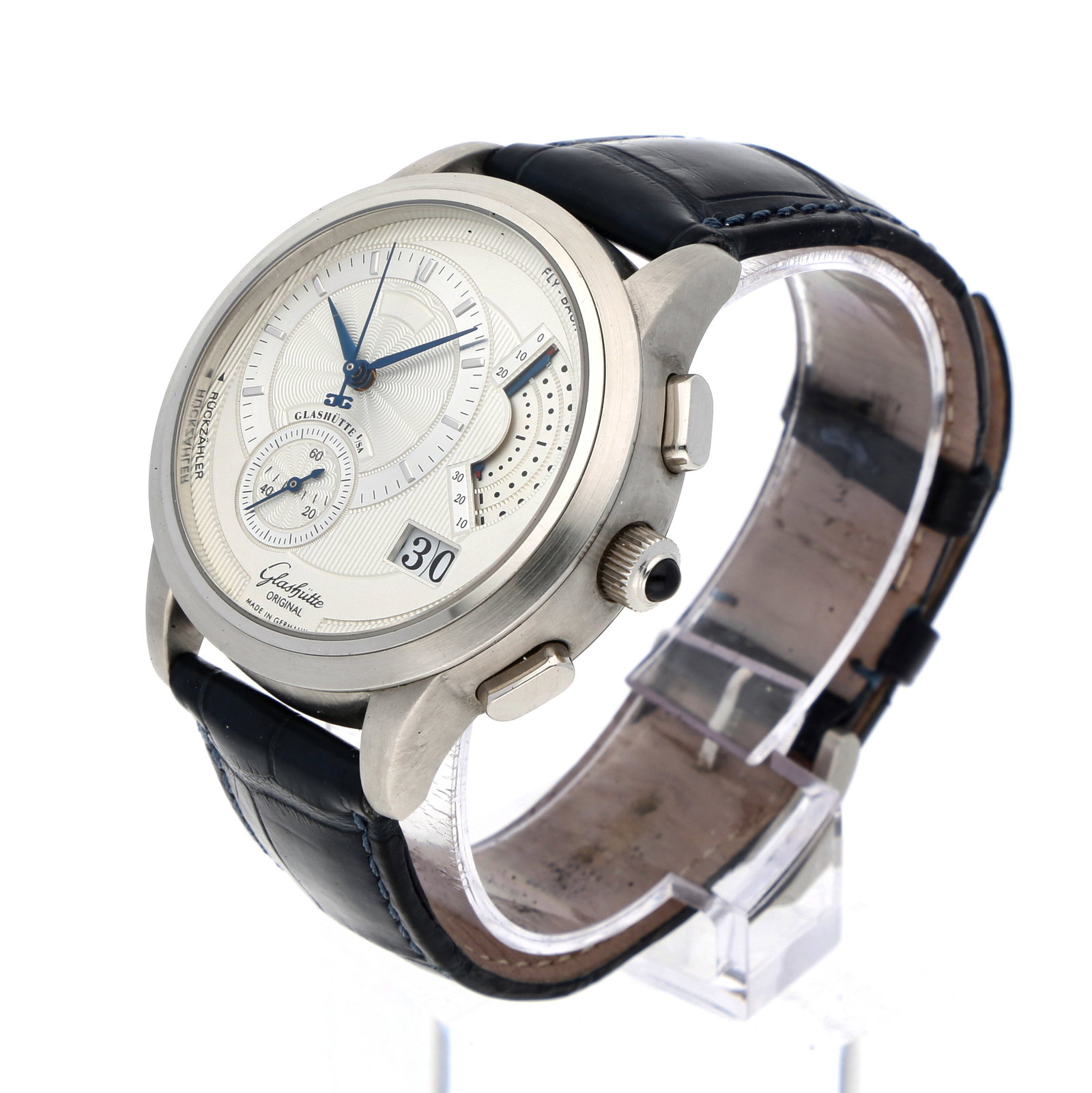 Glashütte: GLASHÜTTE ORIGINAL PANORETROGRAPH, Platin 950, Referenz 60-01-01-01-06, Herstellungsjahr 2001, Durchmesser 39 mm, Gehäuse Rundes Platingehäuse mit polierter Lünette und fein satini
