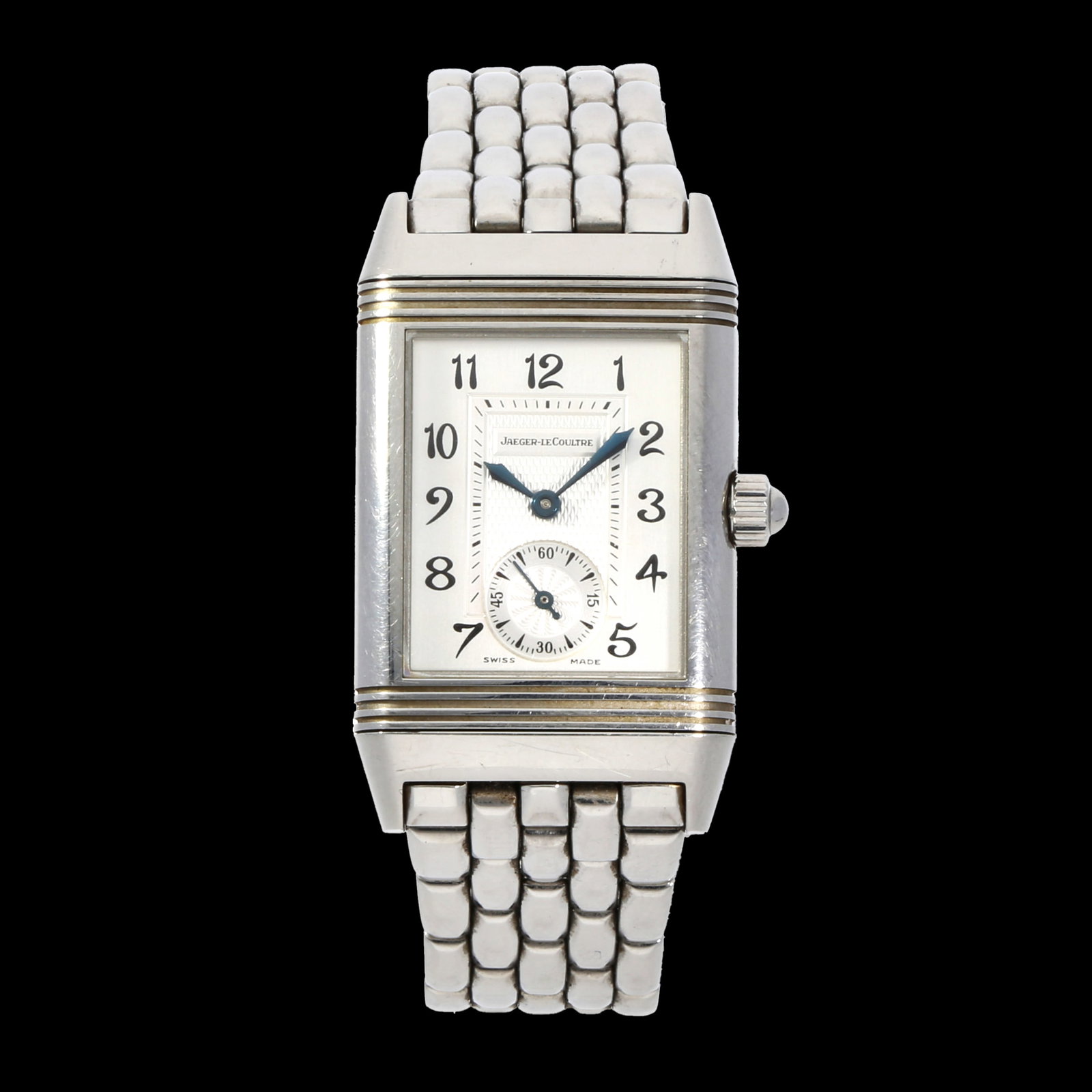 Jaeger LeCoultre: JAEGER-LECOULTRE REVERSO DUETTO CLASSIQUE, Edelstahl, Referenz 256.8.75, Herstellungsjahr 2003, Durchmesser 33 mm × 21 mm, Gehäuse Rechteckiges Reverso-Wendegehäuse aus Edelstahl mit klarer