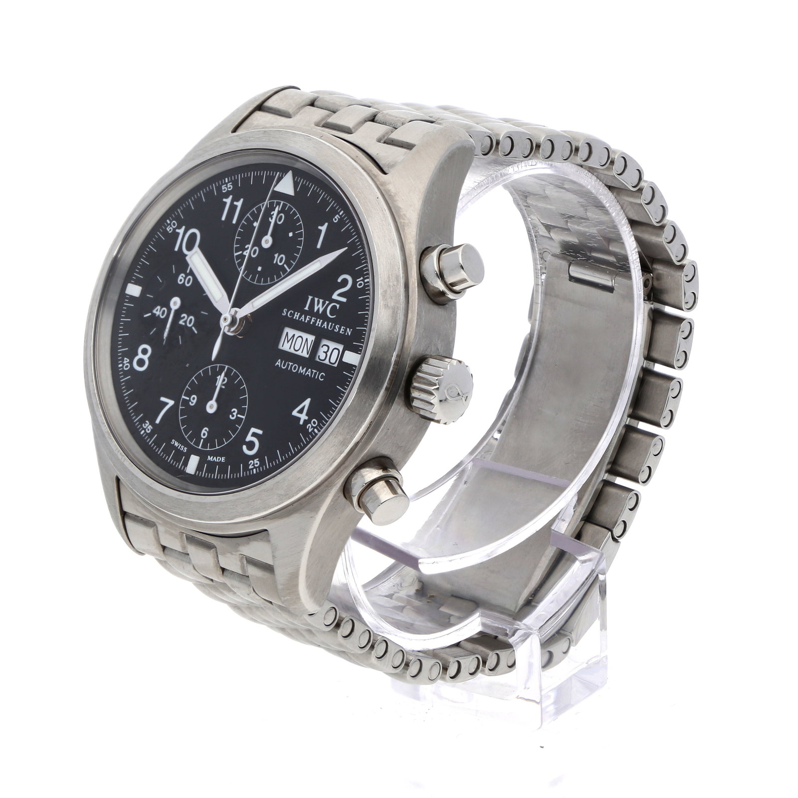 IWC: IWC FLIEGERCHRONOGRAPH, Edelstahl, Referenz 3706, Herstellungsjahr ca. 2004, Durchmesser 39 mm, Gehäuse Kompaktes Edelstahlgehäuse in funktionaler Fliegerästhetik mit gewölbtem Sap