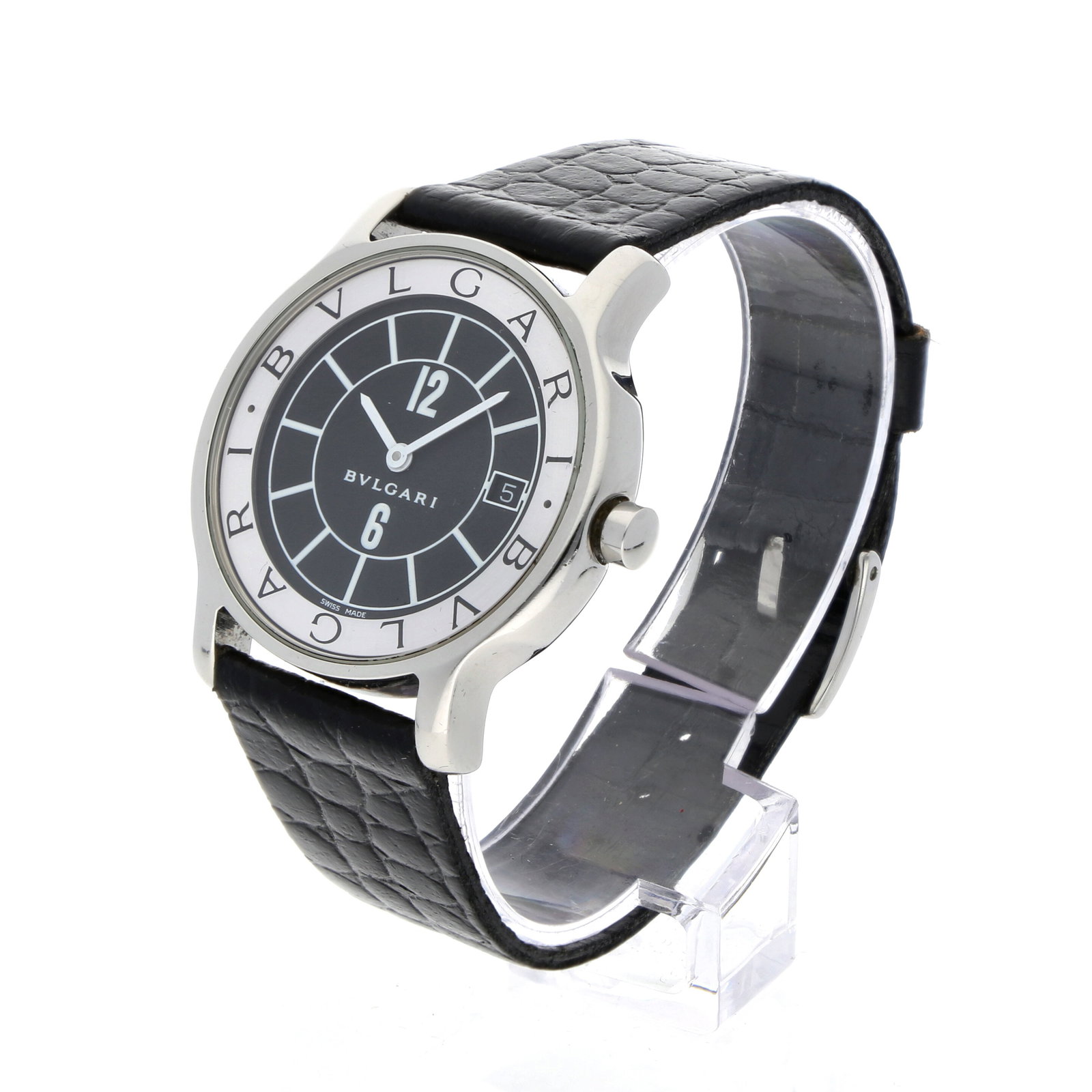Bulgari: BULGARI SOLOTEMPO, Edelstahl, Referenz ST 35 S, Herstellungsjahr ca. 2000er Jahre, Durchmesser 35 mm, Gehäuse Rundes Edelstahlgehäuse mit der charakteristischen, doppelt gravierten