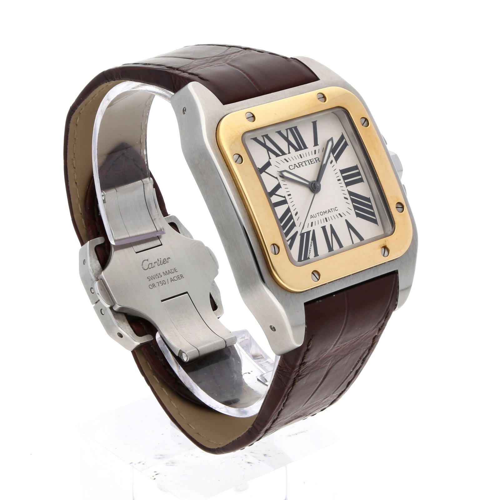 Cartier: CARTIER SANTOS 100 MID-SIZE, Edelstahl/18K Gelbgold, Referenz W20072X7, Herstellungsjahr ca. 2005, Durchmesser 38 mm x 51 mm, Gehäuse Ikonisches quadratisches Bicolor-Gehäuse aus Stahl mit m