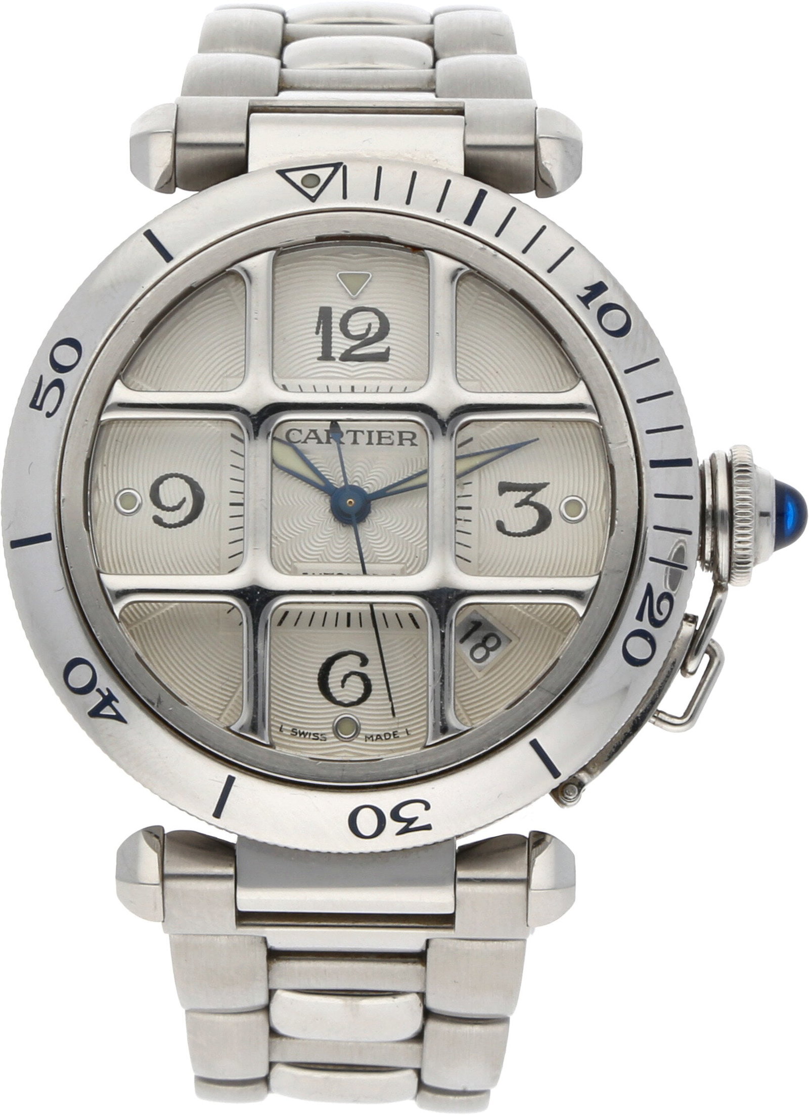 Cartier: CARTIER PASHA GRILLE, Edelstahl, Referenz 2379, Herstellungsjahr ca. 2000, Durchmesser 38 mm, Gehäuse Rundes Gehäuse aus Edelstahl mit drehbarer, gerippter Lünette und aufgesetztem Schu