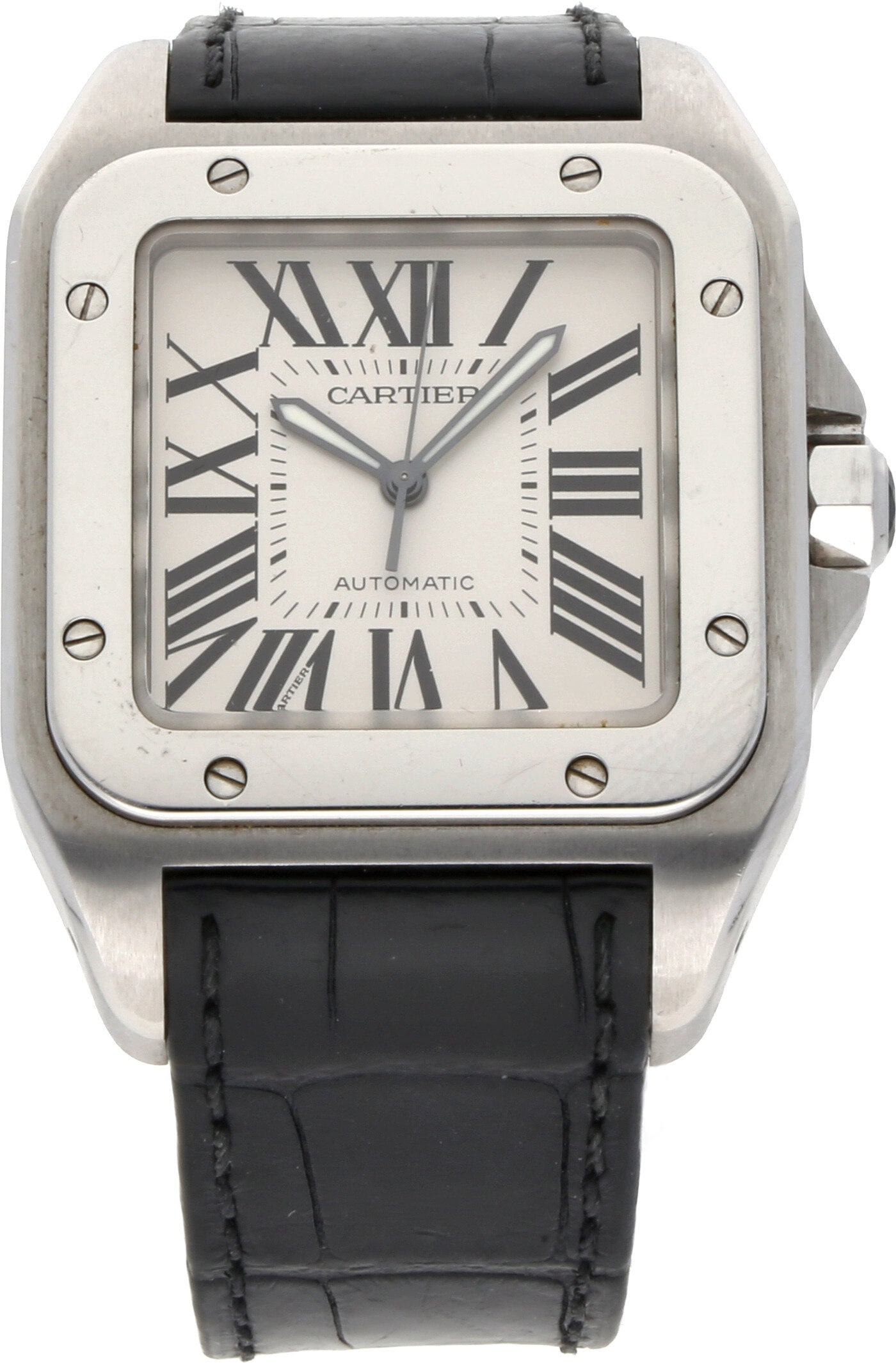 Cartier: CARTIER SANTOS 100 XL, Edelstahl, Referenz 2656, Herstellungsjahr ca. 2009, Durchmesser 39 mm × 51 mm, Gehäuse Markantes, kissenförmiges Gehäuse aus gebürstetem und poliertem