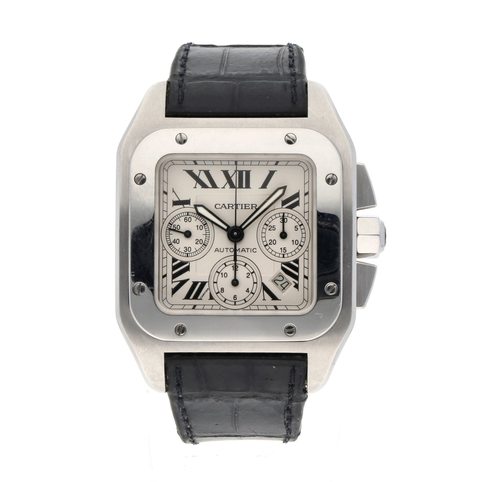 Cartier: CARTIER SANTOS 100 XL CHRONOGRAPH, Edelstahl, Referenz 2740, Herstellungsjahr ca. 2006, Durchmesser 41 mm x 51 mm, Gehäuse Markantes kissenförmiges Edelstahlgehäuse mit verschraubter