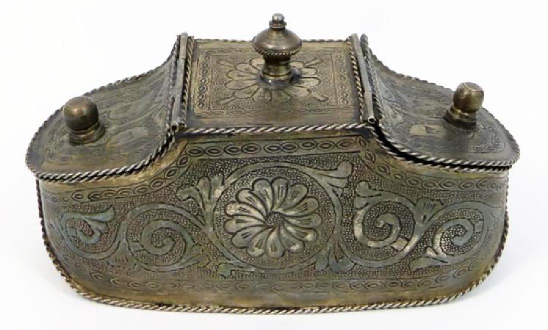 Antique Thai Genuine Gilded Silver Hand Chased Tea: Antique Thai genuine gilded silver hand chased tea caddy with two double lidded compartments | Measures 6" (15.2cm) length. Total weight 196.5g.