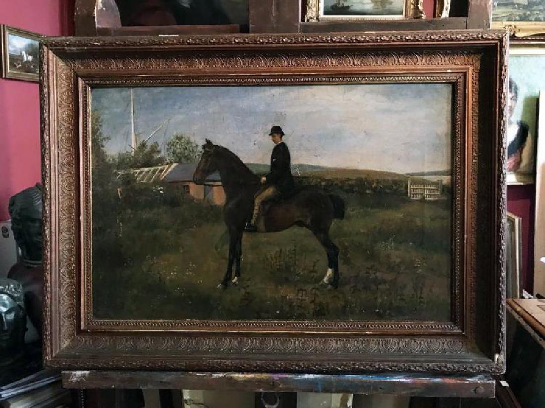 Rare 19th Century English Equestrian Folk Art Oil: Rare 19th Century English Equestrian Folk Art Oil Painting | Depicting a gentleman on horseback standing within a field. A sailing mast protrudes from behind a hedge and the coastline can just be made