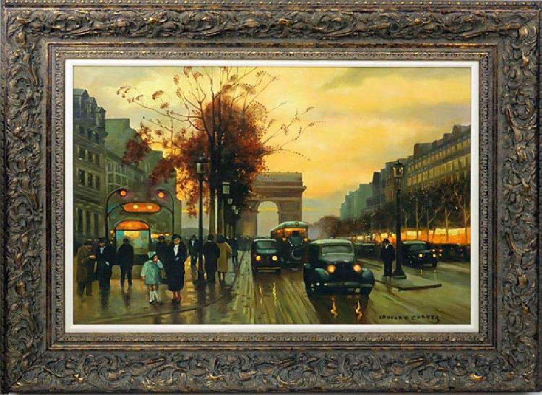 Large Paris Streetscape Oil Painting After Edouard Leon: Large Paris Streetscape Oil Painting After Edouard Leon Cortes (French, 1882-1969) Entitled "Champs-lyses, Paris" | Oil on Canvas | Contains a signature in the lower right "Edouard Cortes" | Very good