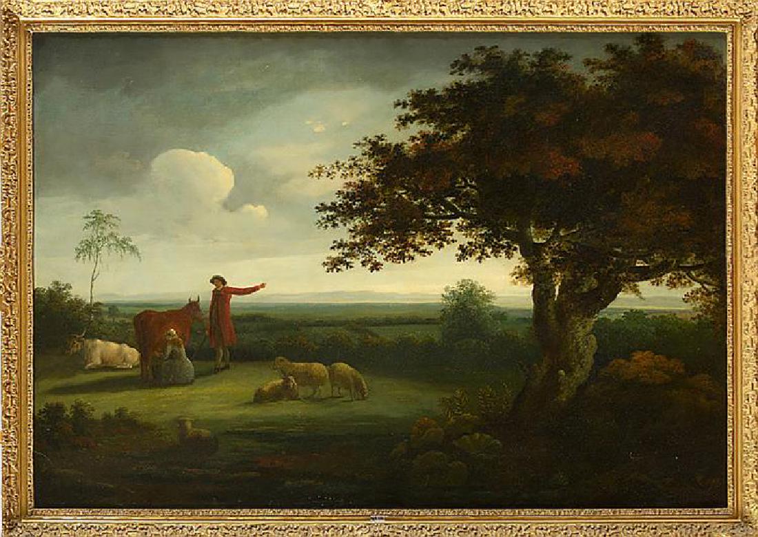 John Constable Early 19th Century Landscape Oil: Early 19th Century Landscape Oil Painting by famed English artist John Constable | Entitled "Peasants and their flock" | Oil on Canvas | Relined mounted canvas | English school | Dimensions: 34" H x 4