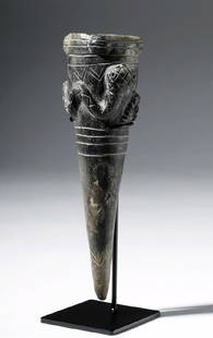 Zacatecas Rare Blackware Scepter with a Rattlesnake: Pre-Columbian, northern Mexico, Zacatecas (Chalchihuites/Alta Vista/Chichimeca), ca. 200 BCE to 200 CE. Hailing from a very unique ceramic culture, a blackware conical scepter with a naturalistic appl