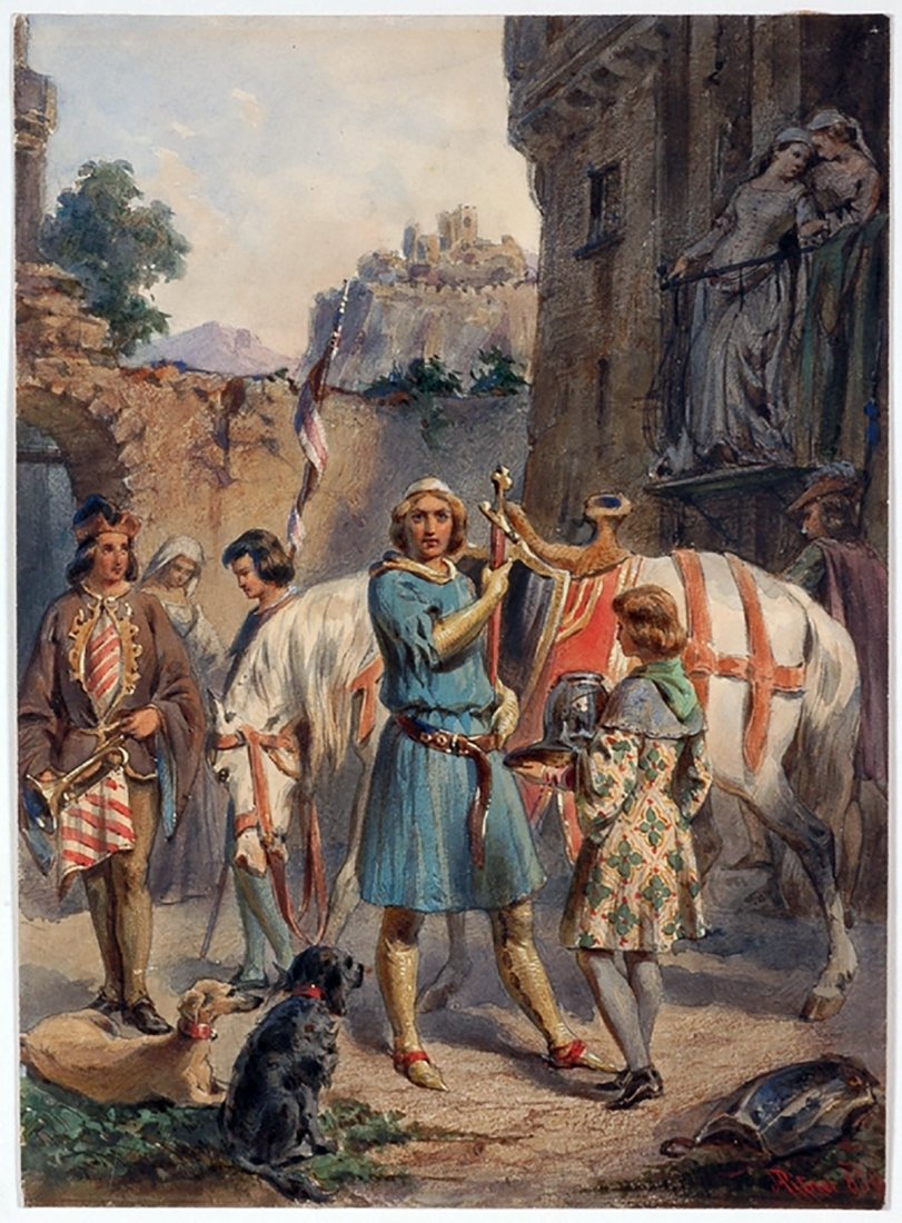 Franz Pitner Watercolor Painting "Before Crusade" 1850: Mid 19th Century Watercolor Painting Entitled "Before Crusade" by important and well listed Austrian artist Franz Pitner (1826 - 1892) | Watercolor on paper | Signed and dated by the artist in lower r