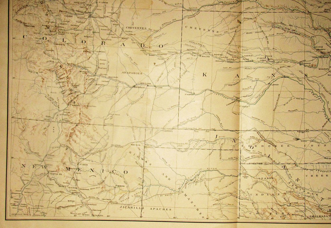 Large Antique 1867 Map of Western Territories: Antique Original 1867 Map of Western Territories and Indian Lands including Texas, Colorado, New Mexico, and Kansas Territories | A very detailed Map depicting all of the Indian nations by name, the l