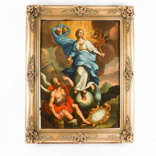 17th Century Old Master Portrait Oil Painting: 17th Century Old Master Oil Painting of the Assumption of Mary | Oil on Canvas | Entitled the "Assumption of Mary" | Unisgned | Housed in a more recent gold wooden frame | Has stable craquelure, as we