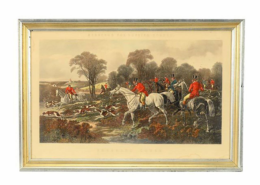19th Century Antique Hand-Colored Aquatint Etching: Antique 19th Century (1867) hand-colored aquatint etching after Plate 2 of the four famous fox-hunting scenes painted by English artist John Frederick Herring Sr. (1795-1865), titled Breaking Cover. T