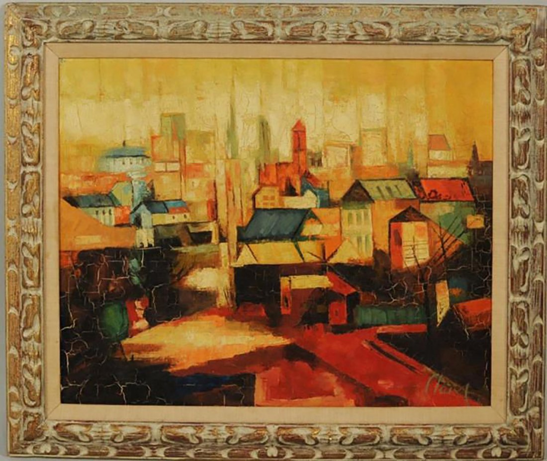 Historic Landscape Oil Painting by Antoni Clavé: Historic Landscape Oil Painting by important and well listed Spanish artist Antoni Clavé Sanmartin (1913 - 2005) | Oil on Canvas | Entitled "Village Scene" | Housed in a custom carved wood frame | An