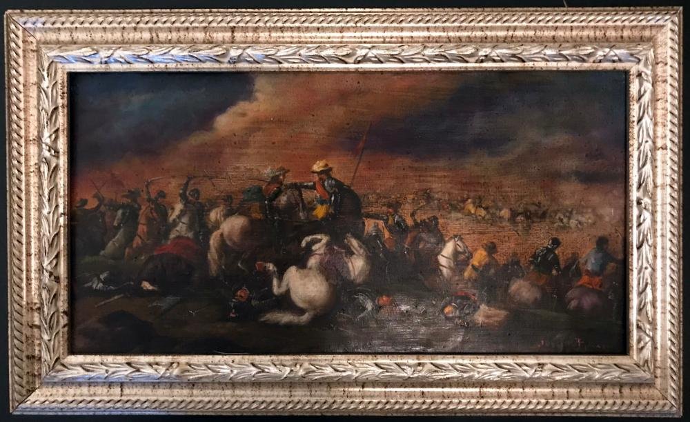 17th Century Oil Painting, School of Flemish Old Master: 17th Century Oil Painting from the School of Flemish Old Master Philips Wouwerman (1619 - 1668) | Entitled “The Battle” | Crica. 1650 | Oil on Panel | Newly housed in modern gold wood frame | Dime