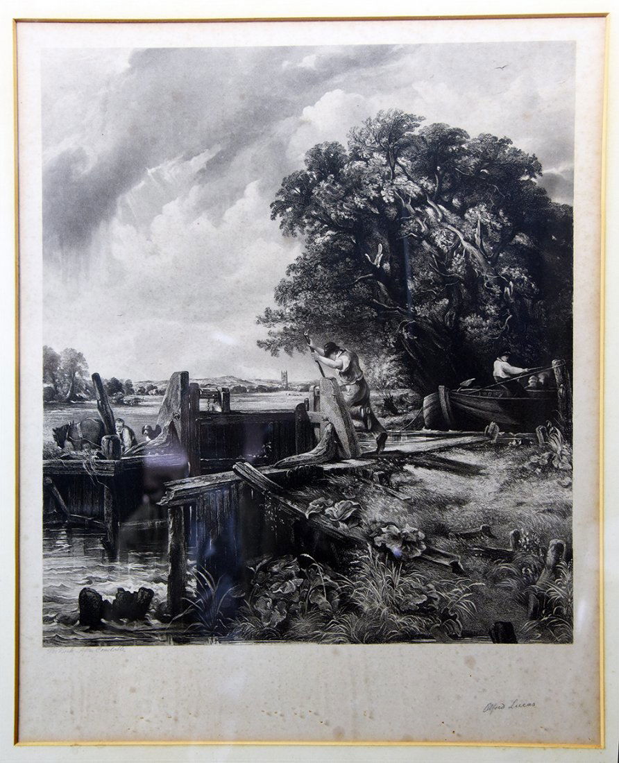 Antique Signed Alfred Lucas Engraving of "The Lock": Large antique engraving by Alfred Lucas (British, 1841 - 1886) Entitled "The Lock After [John] Constable" | Blind stamped and pencil signed by "Alfred Lucas" | Engraving is after the earlier engraving