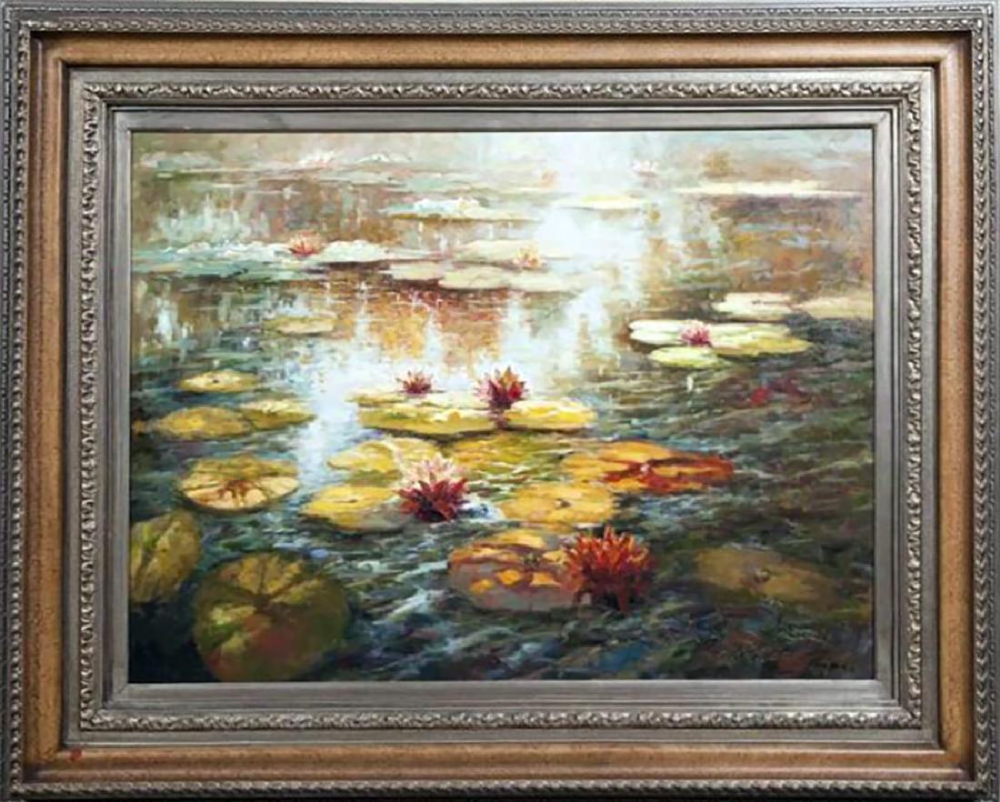 Large Waterscape Oil Painting by Roger Thomas Entitled: Large Waterscape / Landscape Oil Painting by Roger Thomas Entitled "Pond with Lily Pads" | Oil on Canvas | Signed by the artist in lower right of canvas "Thomas" | Housed in a large ornate gold carved