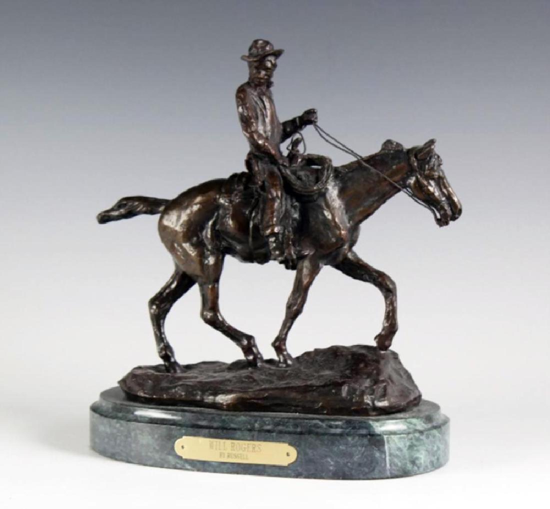 Bronze Western Cowboy Entitled "Will Rogers" by Russell: Fine Bronze Sculpture after Charles Marion Russell (1864-1926 Montana, California) Western Cowboy statue Entitled "Will Rogers" | Crafted of cast bronze with dark brown patina | Features the iconic Am