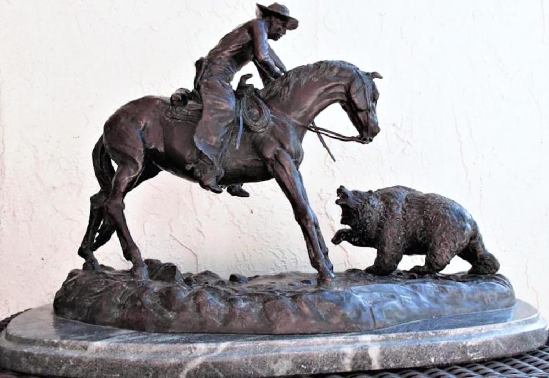 Bronze Sculpture after Remington "Double Trouble": Bronze Sculpture After Frederic Remington (1861-8211; 1909) Entitled DOUBLE TROUBLE | A fine representation of Remington's work, sculpted from genuine bronze using the lost wax method, and has a beaut