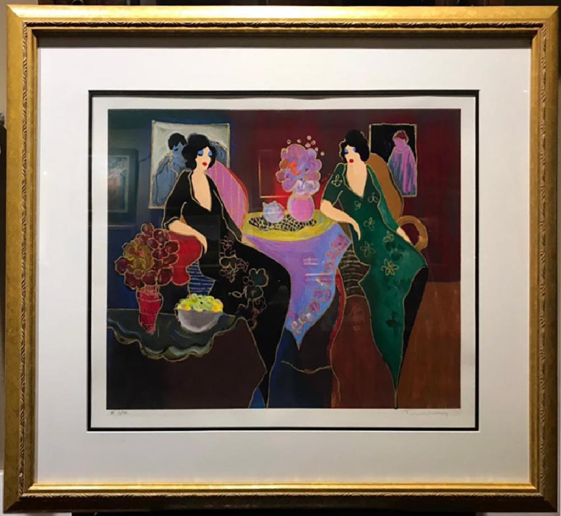 Itzchak Tarkay Serigraph "Lilac's Lullaby": A hand signed serigraph in color on woven paper entitled "Lilac's Lullaby" by listed and renowned artist Itzchak Tarkay (Israeli, 1935 - 2012) | The print depicts a Post-Impressionistic interior scene