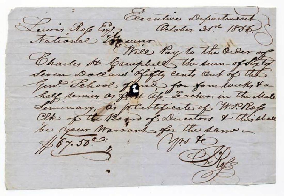 Cherokee Chief John Ross Writes & Signs Document: Ross John 1790 - 1866 Cherokee Chief John Ross signs a document relating to education Oblong half sheet of pale blue lined notebook paper measuring 7.875" H x 5.375" W. Recto inscribed entirely in the