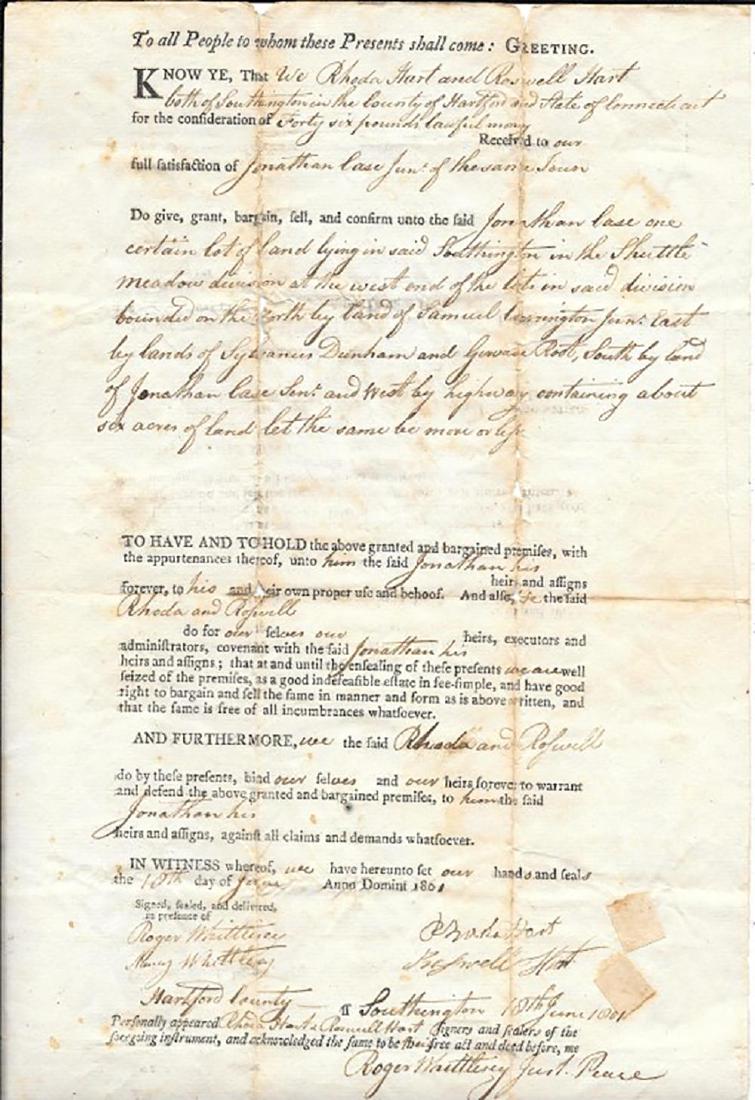 1801 Rev. War Family of Captain Reuben Hart Deeds Land: 1801 Revolutionary War Family of Captain Reuben Hart Deeds Land | Rhode and Roswell, wife and son of Captain Reuben Hart deeds the families land in Southington, Connecticut to Jonathan Case Jr. | Capt