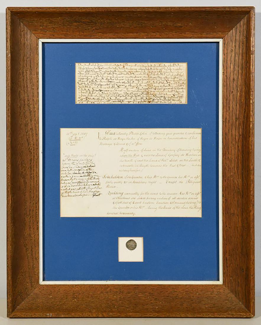 13th C Medieval Eng Land Deed & Period Silver Coin 1287: Framed English Medieval land deed dated April 15, 1257, together with a Medieval silver penny from the same period. Framed with these two items is a later translation of the deed, likely 19th century.
