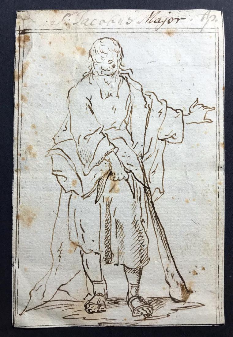 Important Paul Troger Ink Drawing "St. Jacobus": Ink Drawing by famous Old Master Austrian Baroque Painter Paul Troger (Austrian, 1698-1762) | Brown Ink on Paper | This remarkable drawing was authenticated as a Paul Troger Ink Drawing in 1943 by wel