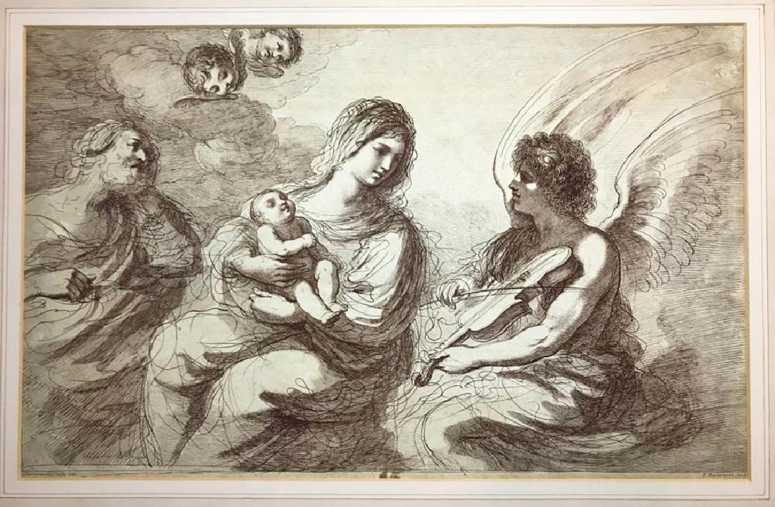 18th C Guercino "The Holy Family, Angel Playing Violin": Original 18th Century Guercino Etching by Francesco Bartolozzi (Italian, Florence Lisbon), after Guercino (Giovanni Francesco Barbieri) (Italian (Bolognese), 1591Ð1666), Entitled "The Holy Family
