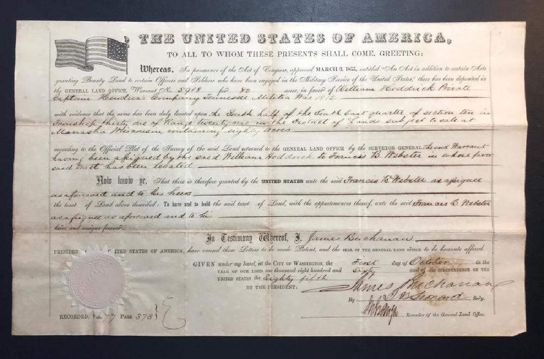 James Buchanan Bounty Land Grant to Tennessee Soldier: James Buchanan 1860 US Land Grant to War of 1812 Tennessee Veteran | A United States Military Bounty Land Grant issued to William Heddrick, Prvt, in Captain Hendrin's Company Tennessee Militia War of