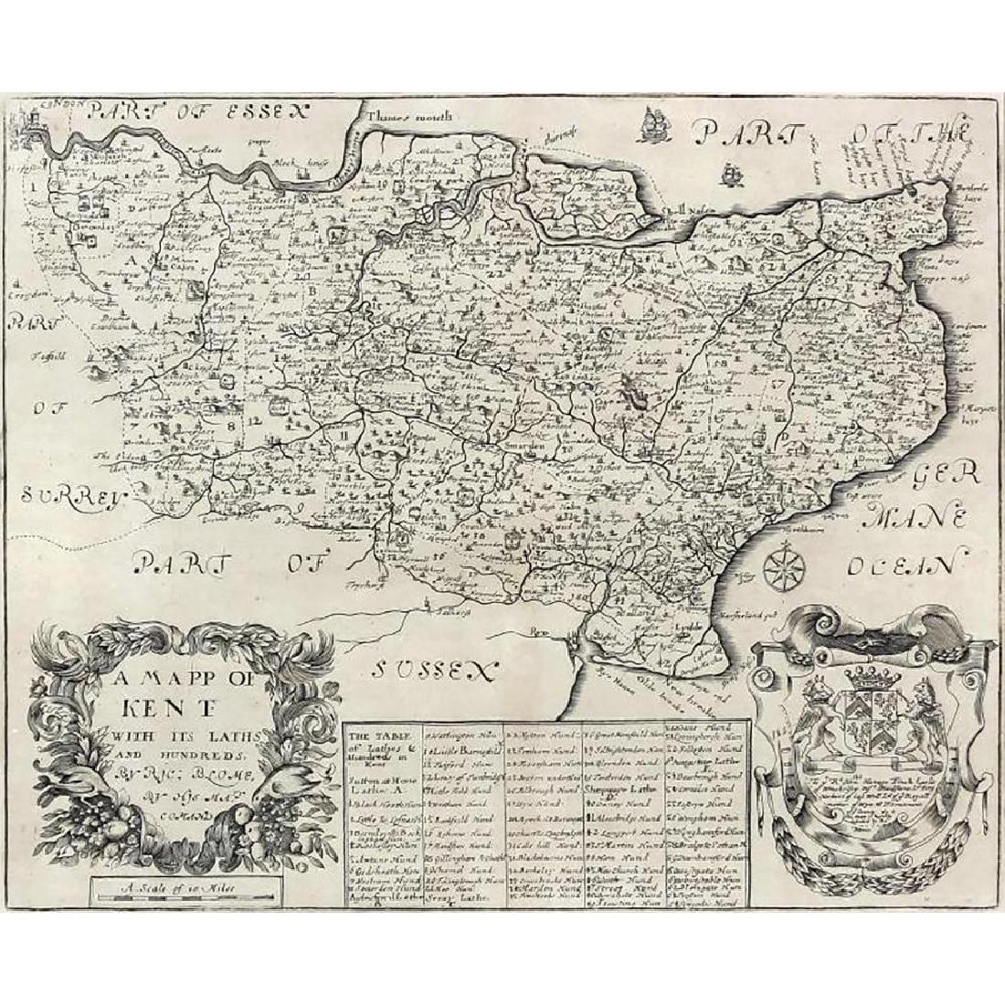 17th C. Engraved Map "A Map of Kent with Its Laths": 17th Century Engraved Map by Richard Blome (fl. 1669-1705) - Engraving - "A Mapp of Kent with its Laths", 10.5" H x 13" W (thought to be published for Britannia or "A Geographical Description of the K