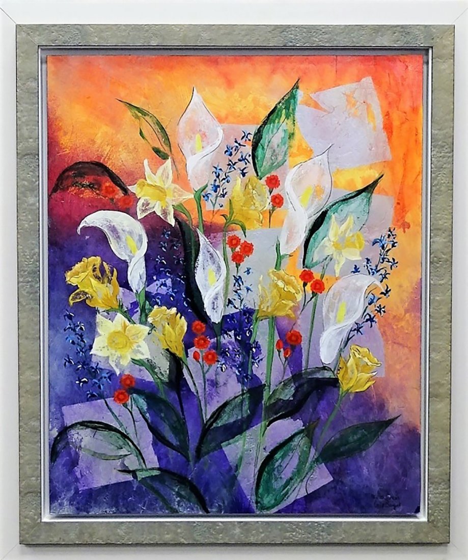 Still Life Oil Painting by Heather Duncan: Remarkable still life floral oil painting by prominent English artist Heather Duncan | Entitled CALLA BOUQUET | Oil on wood panel | Painting depicts bouquet of wildflowers | Hand-signed and titled in 
